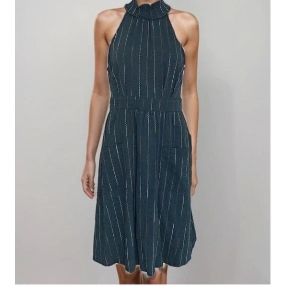 Moon River Rainbow Stitch Halter Midi Dress Teal Green Cotton Blend NWT Size M